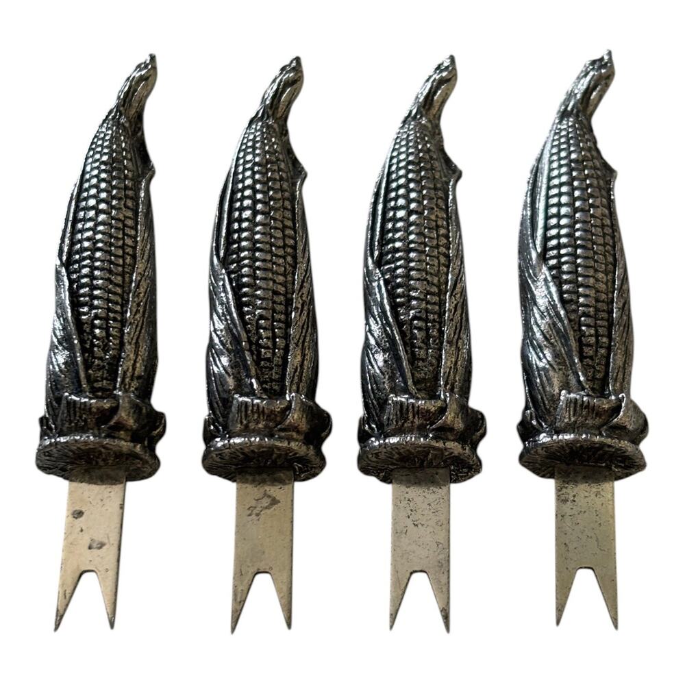 Set of 4 Vintage Pewter Corn Cob Holders Forks Skewers
